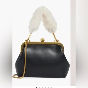 BCBG White Faux Fur Top Handle Frame Clutch